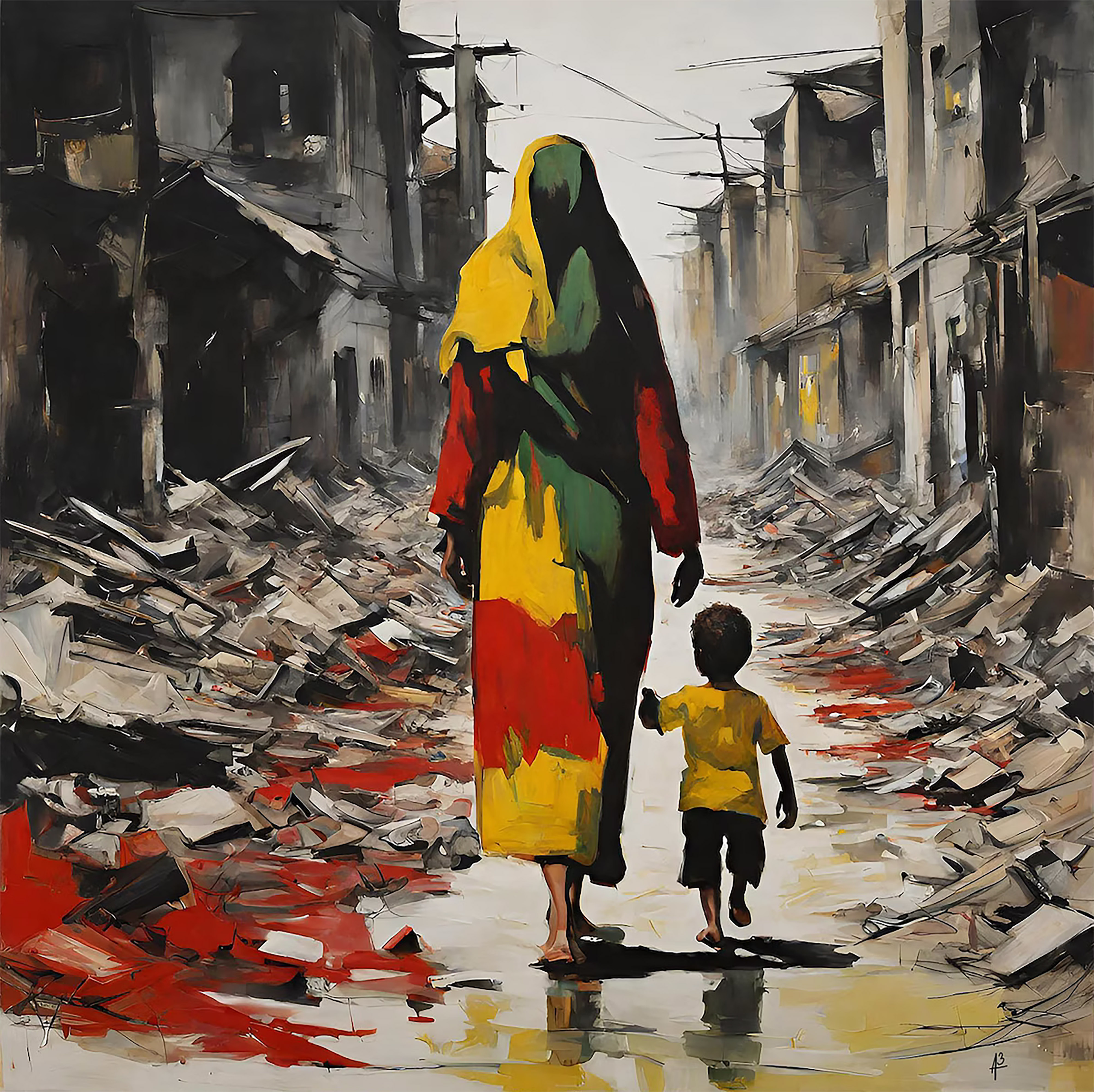 GAZA SUFFERING Acryl-Digital Collage Gemälde 120x120 cm