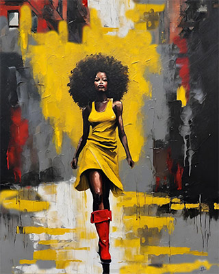 AFRO WOMAN IN RED BOOTS Acryl-Digital Collage Gemälde 120x100 cm